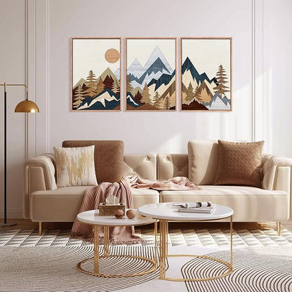 HOURIA Mid Century Mountain Woodland Framed Wall Art Set,Boho Sunrise Pine Tree Wall Decor,Wilderness Nature Forest Artwork,Modern Woodcut Field Art Print for Living Room,Bedroom,Office- 24"x36"x3
