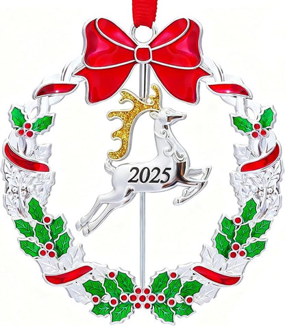 Christmas Ornaments, Metal Christmas Tree Ornaments Dated 2025 Silver Rotatable Funny Christmas Ornaments Decorative Keepsake Reindeer Decoration