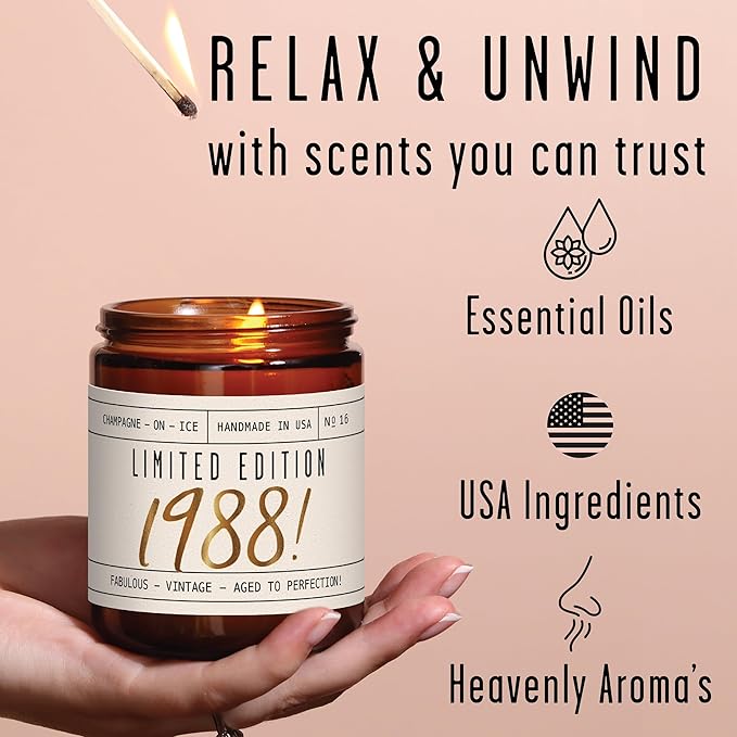 37th Birthday Gifts for Women - 'Limited Edition 1988' Soy Candle, w/Champagne on Ice I 37 Birthday Gifts for Women I 37th Gift for Her Ideas I 9oz Reusable Jar, 50Hr Burn, Made in USA