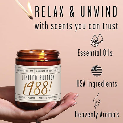 37th Birthday Gifts for Women - 'Limited Edition 1988' Soy Candle, w/Champagne on Ice I 37 Birthday Gifts for Women I 37th Gift for Her Ideas I 9oz Reusable Jar, 50Hr Burn, Made in USA
