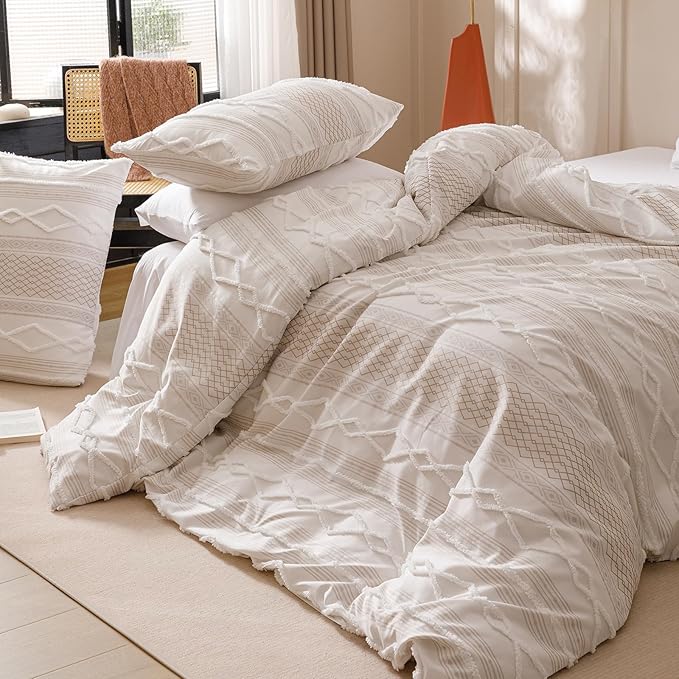 CLOTHKNOW Boho White King Size Comforter Set 3Pcs Farmhouse Bedding Comforter Sets Clipped Jacquard Stripes Comforter White Khaki Comforter Soft