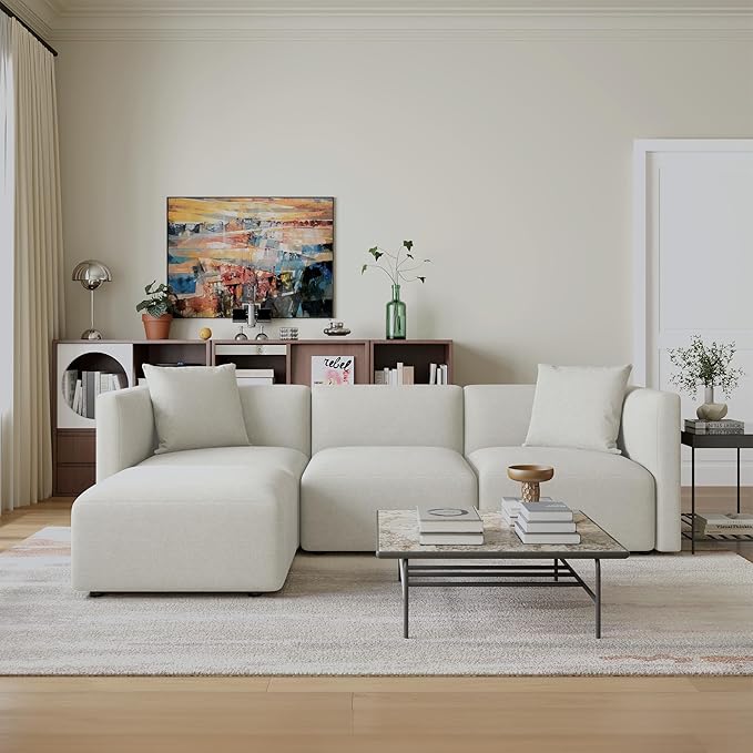 Acanva Luxury L-Shaped Upholstery Convertible Modular Sectional Sofa, Contemporary Reversible Couch with Chaise Lounge for Living Room, Apartment, Linen-Like Cream