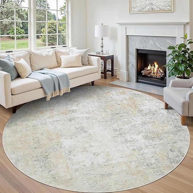 Round Rug 8ft Circle Rug Washable: Carpet Circular Area Rug for Entryway Kitchen Bedroom Dining Room Living Room Large 8 Feet Abstract College Dorm Non Slip Low Pile Beige Grey