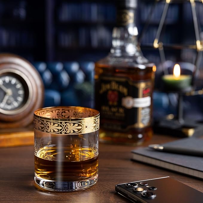 Jeweled Whiskey Glasses, Gold Rimmed Hand Decorated Bourbon Glasses Set of 2, Old Fashioned Whiskey Glasses with Heavy Bottom
