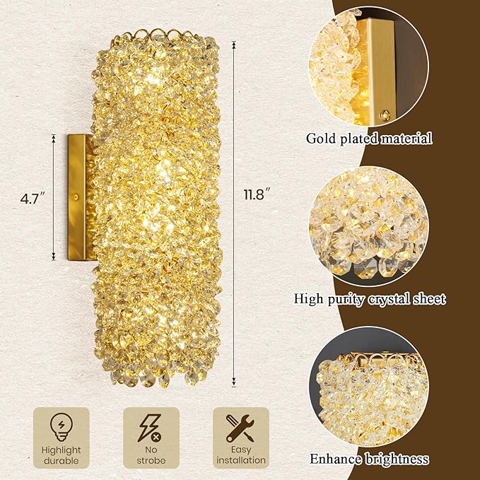 Modern Sconces, Beaded Crystal sconse Light Fixtures,Indoor Gold Wall Lamp,Crystal Vanity Wall Mount Lamp,Elegant Wall Lighting for Living Room Bedroom Bathroom Hallway Stairway Bedside