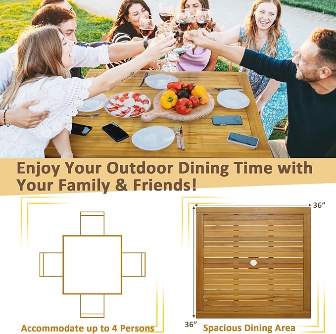 Tangkula Square Outdoor Dining Table, 4-Person Acacia Wood Dining Table with 1.9” Umbrella Hole, Farmhouse Patio Bistro Table, Indoor Outdoor Dining Furniture for Yard Deck Lawn