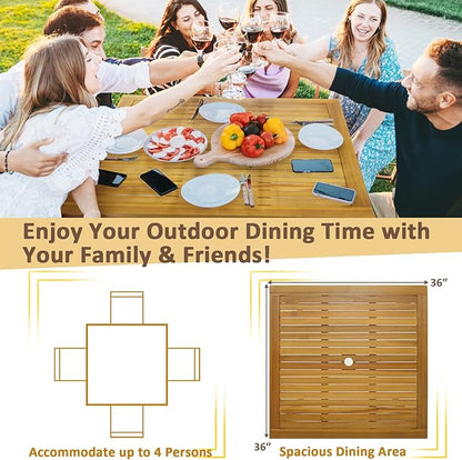 Tangkula Square Outdoor Dining Table, 4-Person Acacia Wood Dining Table with 1.9” Umbrella Hole, Farmhouse Patio Bistro Table, Indoor Outdoor Dining Furniture for Yard Deck Lawn