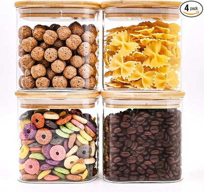 Glass Food Storage Jars Square 24oz, 4 Pack Glass Jars With Bamboo Lids, Kitchen Storage Containers For Spice, Candy, Cookie, Storage For Pantry Organizers