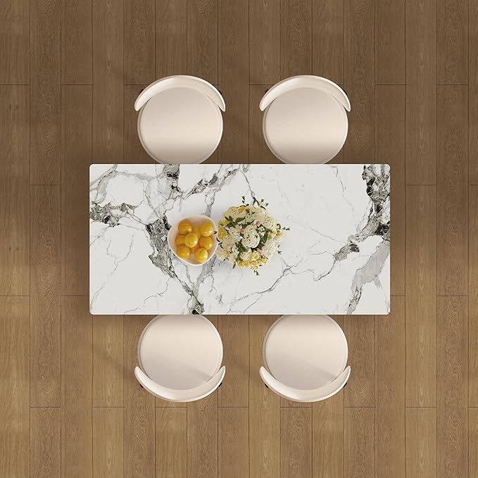 Montary 63" Modern 4-6 Person Dining Table with Storage Cabinet, Artificial Marble Dining Table with Sintered Stone Tabletop & Golden Solid Wood Base, Includes 4 Cream PU Chairs for Kitchen