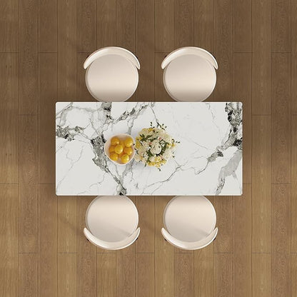 Montary 63" Modern 4-6 Person Dining Table with Storage Cabinet, Artificial Marble Dining Table with Sintered Stone Tabletop & Golden Solid Wood Base, Includes 4 Cream PU Chairs for Kitchen