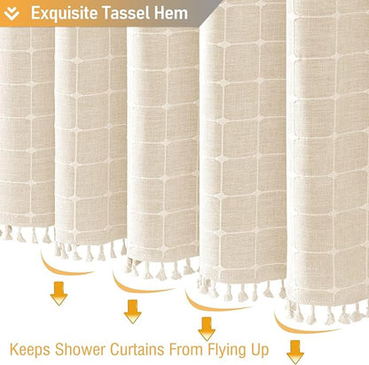 BTTN 80 Inch Long Shower Curtain - 72x80 Boho Farmhouse Linen Ultra Fabric Shower Curtain Set with 12 Plastic Hook, Aesthetic Rustic Country Weighted Cloth Shower Curtains for Bathroom - Cream/Beige