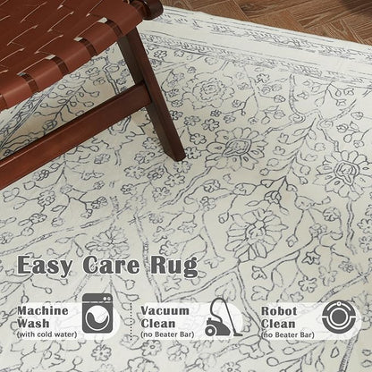 jinchan Vintage Floral Washable Runner Rug 2x6 Non-Slip Faux Wool Carpet, Grey