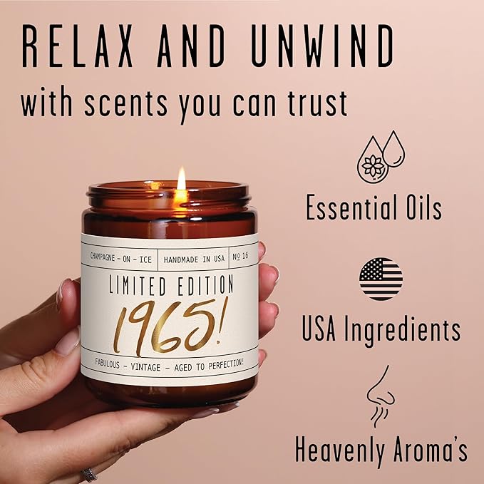 60th Birthday Gifts for Women Ideas - 'Limited Edition 1965' Soy Candle, w/Champagne on Ice I 1965 60 Birthday Gifts for Women Ideas I 9oz Reusable Jar, 50Hr Burn, Made in USA