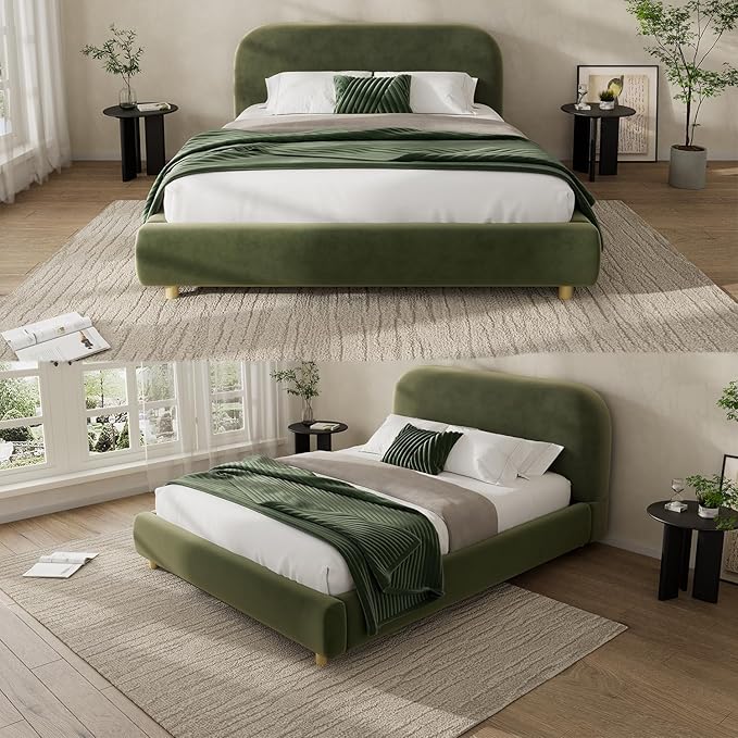 Queen Size Bed Frame, Upholstered Cloud Boucle Platform Beds Frames with Headboard, Anti-Collision Soft Rounded Corners Footboard, No Box Spring Required, Easy Assembly (35"Olive Green, Queen)