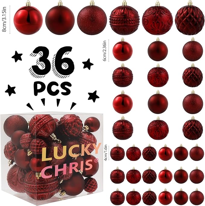 Christmas Ball Ornaments Wine Red Christmas Tree Decorations with Hang Rope-36pcs Shatterproof Christmas Ornaments Set with 6 Styles in 3 Sizes(Small Medium Large)