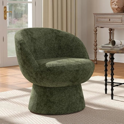360° Swivel Accent Chair with Curved Back, Modern Green Chenille Upholstered Round Barrel Chair, Bucket Vanity Armchair for Small Space,Living Room, Bedroom