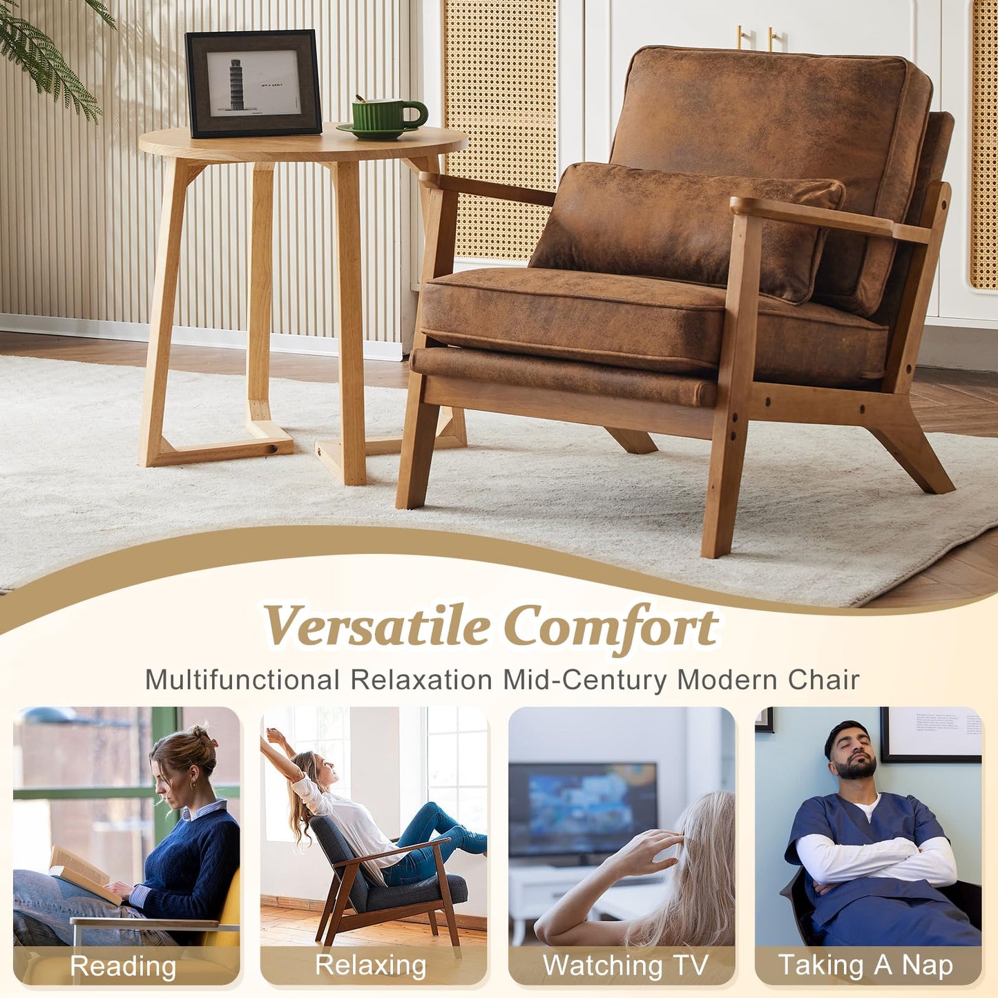 VINGLI Solid Wood Wide Armrests Accent Chair,Upholstered Mid Century Modern Chair with Pillow,Comfy Reading Chair Farmhouse Arm Chair,Chairs Living Room,Bedroom,Guest Room,Teddy Fleece,Khaki