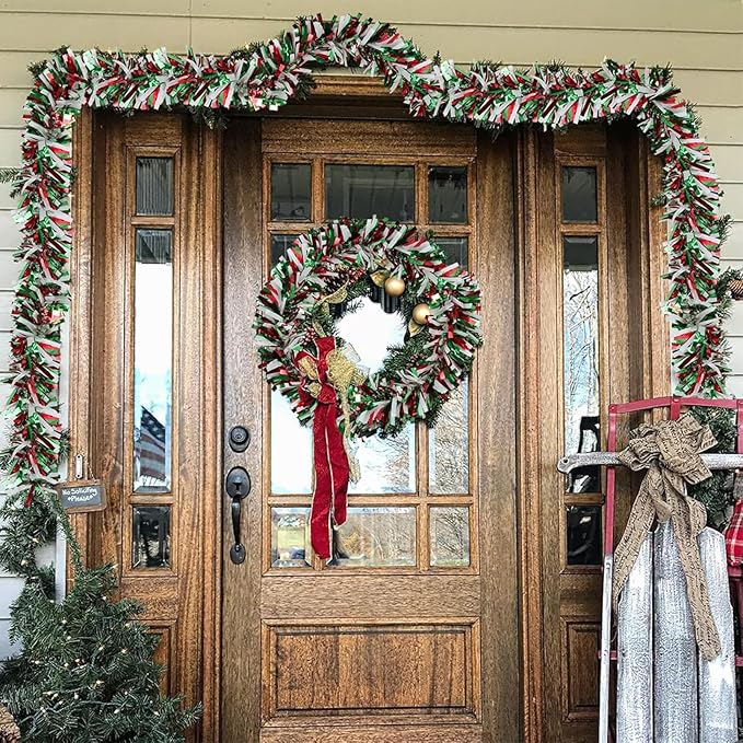 50Ft Christmas Tinsel Garland - Red Green White Shiny Metallic Twist Decor for Christmas Tree Home Stairs Railing Front Door Mantle Fireplace Indoor Outdoor Holiday Party