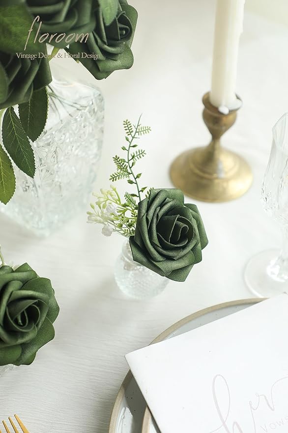 Floroom Artificial Flowers 50pcs Real Looking Emerald Green Foam Fake Roses with Stems for DIY Wedding Bouquets Bridal Shower Centerpieces Floral Arrangements Party Tables Home Decorations