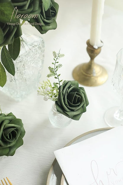 Floroom Artificial Flowers 50pcs Real Looking Emerald Green Foam Fake Roses with Stems for DIY Wedding Bouquets Bridal Shower Centerpieces Floral Arrangements Party Tables Home Decorations