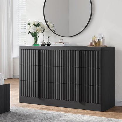 Fluted Dresser for Bedroom, 47" Wide 6 Drawer Dresser, Modern Chest of Drawers with Solid Wood Handle, Curved Profile Design, Wood Dressers Storage Organizer, Living Room, Hallway, Black