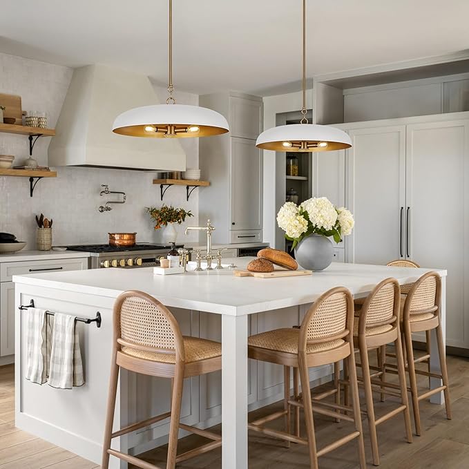 LamQee 20 Inch Oversized Large Pendant Lights, 3-Lights White and Gold Dome Chandelier, Mid Century Modern Metal Pendant Lighting Fixture Ceiling Hanging for Kitchen Island Dining Room Over Table Bar