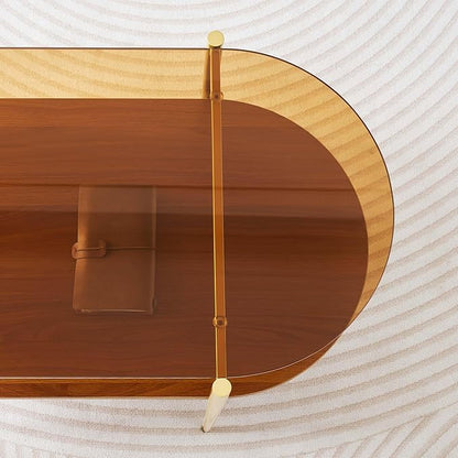 Oval Glass Coffee Table, Mid-Century Modern Design, L41 x W21 x H17 inch, for Living Room, 2-Tier Structure, Amber Glass Top and Walnut Finish Wood Shelf, Conical Legs with Gold Finish Frame