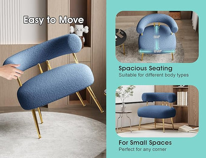Mid Century Sherpa Boucle Accent Chair, Round Upholstered Barrel Arm Chair for Small Spaces, Fluffy Side Corner Chair for Living Room, Bedroom, Vanity, Office, Reading Nook(Navy Blue)
