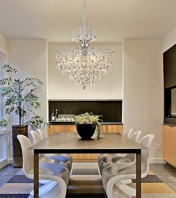 Q&S Modern Crystal Chandelier Chrome Pendant Light 6 Lights for Dining Room Kitchen Island Entryway Bathroom Hallway UL Listed