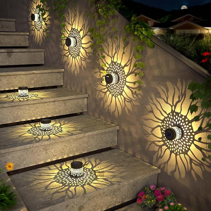 Solar Fence Lights 4 Pack Solar Deck Lamps Outdoor Decorations Powered Step Lights Wall Waterproof LED Warm Decorative Lighting for Garden (Sunflower, 4)