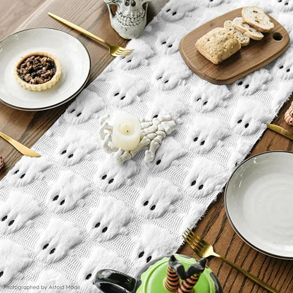 Artoid Mode Ghost Soft Plush Faux Fur Jacquard Halloween Table Runner, Holiday Kitchen Dining Table Decoration for Home Party Decor 13x72 Inch
