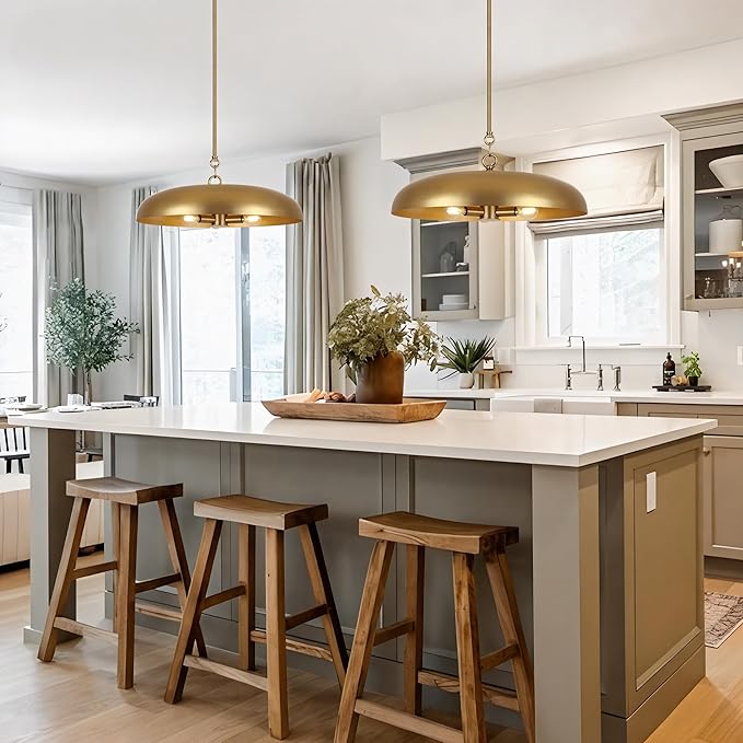 LamQee 20 Inch Oversized Large Pendant Lights, 3-Lights Brushed Gold Modern Dome Chandelier, Farmhouse Metal Pendant Lighting Fixture Ceiling Hanging for Kitchen Island, Dining Room Over Table, Bar