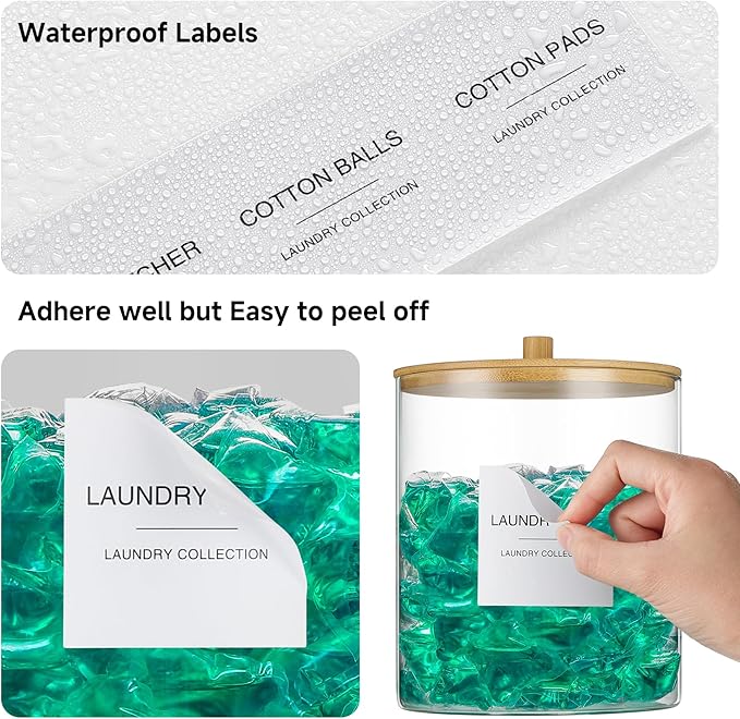 Glass Jars and Acrylic Dryer Sheet Holder, Laundry Pods Container with Bamboo Lid and 27 Labels, Powder Detergent Containers for Laundry Room Organization, Storage Jars Set (3 Pack)