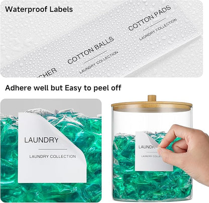 Glass Jars and Acrylic Dryer Sheet Holder, Laundry Pods Container with Bamboo Lid and 27 Labels, Powder Detergent Containers for Laundry Room Organization, Storage Jars Set (3 Pack)