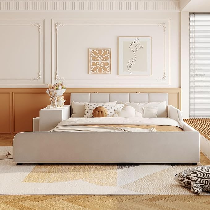 Merax Queen Upholstered Grounded Bed Mother & Child, Beige Velvet