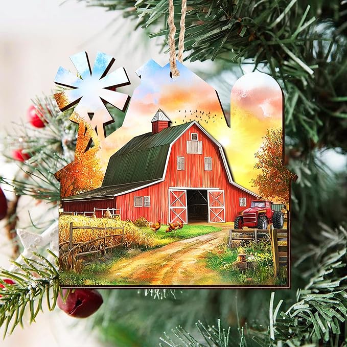OASSIE Christmas Farmer Gifts for Women Men - Wooden Rustic Farmhouse Ornaments for Tree Decorations - Red Barn Rustic Gifts for Farmers, Farmhouse Christmas Decor, Xmas Gift for Farmer