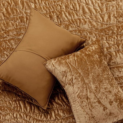 EVERGRACE Luxury Velvet Quilt Queen Size, Ultra Soft Wave Crushed Velvet Bedding Set, Lightweight Quilted Comforter Set for All Season, Oversized Bedspread Coverlet with 2 Shams, Harvest Gold