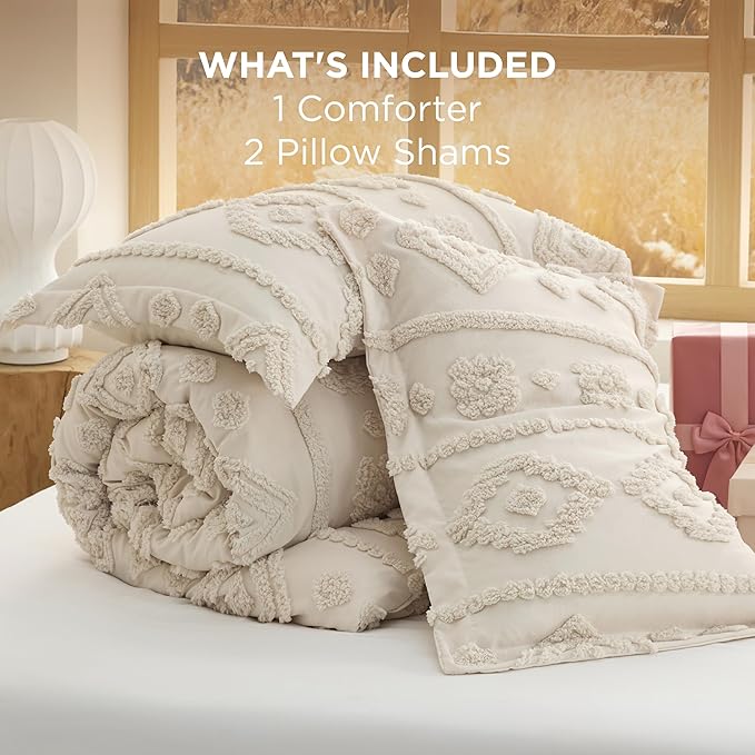 Bedsure Queen Size Comforter Set - Beige Tufted Boho Bed Set, Farmhouse Shabby Chic Embroidery Bedding for All Seasons, 3 Pieces, 1 Soft Jacquard Queen Comforter and 2 Pillow Shams