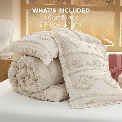 Bedsure Queen Size Comforter Set - Beige Tufted Boho Bed Set, Farmhouse Shabby Chic Embroidery Bedding for All Seasons, 3 Pieces, 1 Soft Jacquard Queen Comforter and 2 Pillow Shams