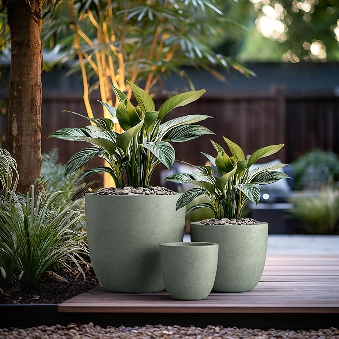 Kante 18",14",10" Dia Concrete Round Planters (Set of 3), Outdoor Indoor Large Planter Pots with Drainage Hole and Rubber Plug for Home Patio Garden, Mint Green