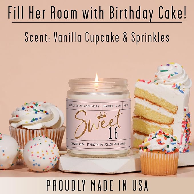 Sweet 16 Gifts for Girls - 'Sweet 16' Soy Candle, w/Vanilla Cupcake & Sprinkles I 16th Birthday Gifts for Girls I Sweet Sixteen Gifts for Girls I 9oz Reusable Jar, 50Hr Burn, Made in USA