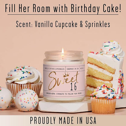 Sweet 16 Gifts for Girls - 'Sweet 16' Soy Candle, w/Vanilla Cupcake & Sprinkles I 16th Birthday Gifts for Girls I Sweet Sixteen Gifts for Girls I 9oz Reusable Jar, 50Hr Burn, Made in USA