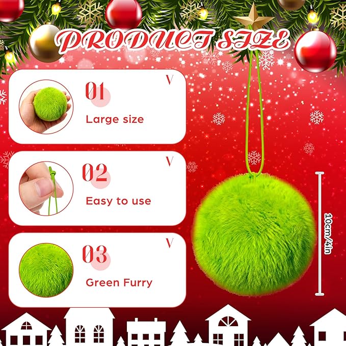 16 Pcs Large Lime Green Furry Christmas Ball Ornaments for Tree Green Christmas Hanging Decorations 4’’ Soft Faux Fur Pom Pom Ball Ornaments for Home Party Supply Fireplace Mantel Wall Decor