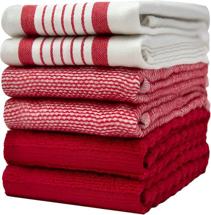 Premium Kitchen Towels 6 Pack Large Cotton Flat Terry Absorbent Tea Towels with Hanging Loop Red Striped 20x28