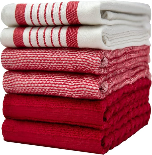 Premium Kitchen Towels 6 Pack Large Cotton Flat Terry Absorbent Tea Towels with Hanging Loop Red Striped 20x28