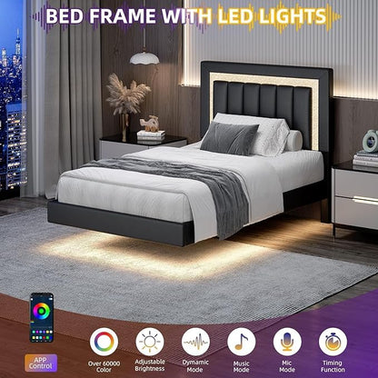 HOMBCK Floating Bed Frame Twin with Smart LED Lights, Faux Leather Upholstered Platform Bed with Diamond Headboard, No Box Spring Needed, Noise Free, Easy Assembly, Black