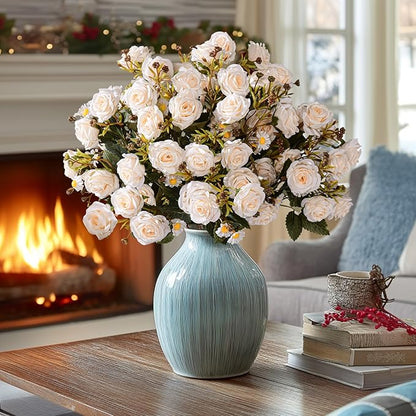 Artificial Rose Flowers for Outdoor 4 Bundles Rose Bouquet with Daisy Faux Flowers UV Resistant for Home Indoor Outside Garden Porch Window Box Balcony Yard Porch Decor (White)