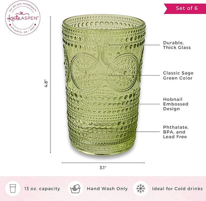 Kate Aspen Hobnail Beaded Floral Green Drinking Glasses Set of 6, (13 oz) Vintage Glassware Set Cocktail Glass Set, Juice Glass, Water Cups | Great Hostess Gift & Gift for New Home Owners