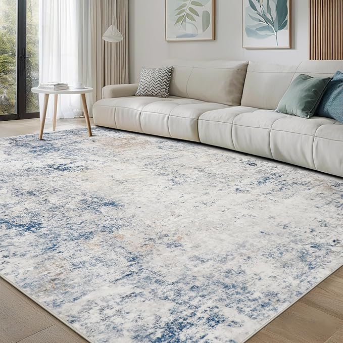 Washable Rugs 8x10 Area Rugs for Living Room,Modern Abstract Rugs for Bedroom,Large Carpets,Ultra Soft Faux Wool Retro Dining Room Rug,Non Slip&Non-Shedding Low Pile Print Rug- Blue Beige