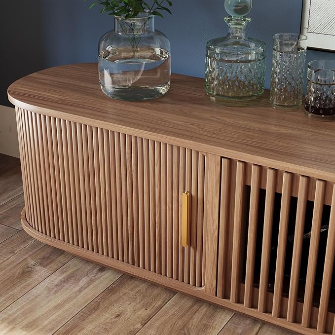 POVISON Fully-Assembled Mid-Century Modern Tambour Door TV Stand, Wood TV Console, Entertainment Center with Storage for 75 inch TV, Media Console for Living Room